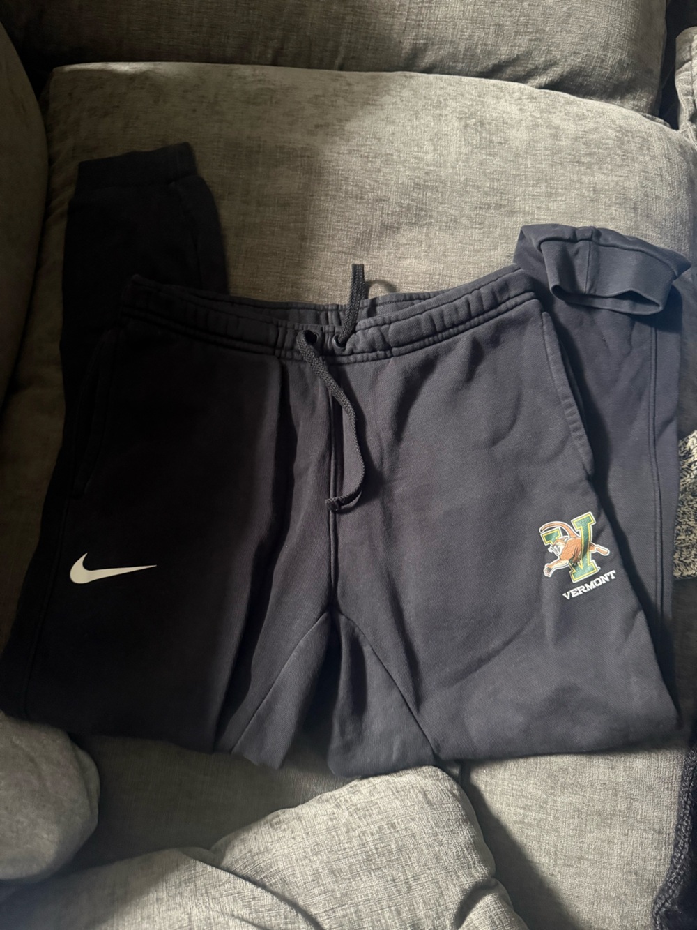 Nike Black Sweatpants with White Swoosh and Vermont Logo